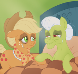 Size: 1493x1413 | Tagged: safe, artist:itoruna-the-platypus, character:applejack, character:granny smith, species:earth pony, species:pony, episode:the last problem, g4, my little pony: friendship is magic, bed, bittersweet, crying, death bed, deathbed, dying, even older granny smith, female, grandmother, grandmother and grandchild, grandmother and granddaughter, mare, older, older applejack, sad, this will end in death, this will end in tears, this will end in tears and/or death