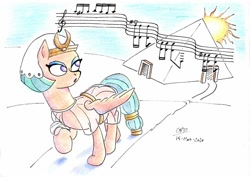 Size: 1024x725 | Tagged: safe, artist:gafelpoez, character:somnambula, species:pegasus, species:pony, g4, female, kashmir, led zeppelin, mare, music notes, pyramid, sheet music, solo, song reference, sun