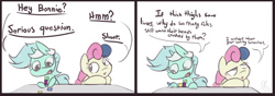 Size: 1486x521 | Tagged: safe, artist:davierocket, character:bon bon, character:lyra heartstrings, character:sweetie drops, species:earth pony, species:pony, species:unicorn, ship:lyrabon, blocks, bon bon is not amused, comic, dialogue, female, l.u.l.s., lesbian, mare, shipping, simple background, text, unamused, white background