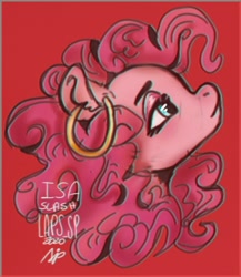 Size: 1280x1473 | Tagged: safe, artist:laps-sp, character:pinkie pie, species:pony, bust, ear piercing, earring, female, gypsy pie, jewelry, piercing, portrait, red background, simple background, solo