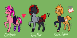 Size: 1600x800 | Tagged: safe, artist:lavvythejackalope, oc, oc only, species:earth pony, species:pony, book, clothing, earth pony oc, eyes closed, female, glasses, heart, male, mare, partial nudity, question mark, raised hoof, skirt, socks, stallion, striped socks, topless
