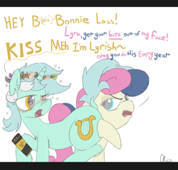 Size: 686x659 | Tagged: safe, artist:davierocket, character:bon bon, character:lyra heartstrings, character:sweetie drops, species:earth pony, species:pony, species:unicorn, ship:lyrabon, alcohol, beer, blushing, bon bon is not amused, dock, drunk, drunk bubbles, female, floral head wreath, flower, flower in hair, go home you're drunk, guinness, kiss my ass, lesbian, looking back, mare, raised tail, shipping, tail, text, unamused