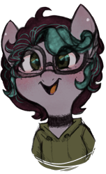 Size: 729x1200 | Tagged: safe, artist:hippykat13, oc, oc only, oc:kitty sweet, ponysona, species:pegasus, species:pony, blushing, clothing, curly hair, cute, digital art, ear piercing, earring, female, freckles, glasses, hoodie, jewelry, mare, open mouth, piercing, short hair, simple background, sketch, smiling, solo, traditional art, transparent background