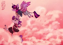 Size: 1280x923 | Tagged: safe, artist:laps-sp, character:rarity, character:twilight sparkle, character:twilight sparkle (alicorn), species:alicorn, species:anthro, species:pony, species:unguligrade anthro, species:unicorn, ship:rarilight, clothing, cloud, colored hooves, curved horn, female, flying, hand, holding a pony, horn, horn ring, leonine tail, lesbian, shipping