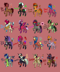 Size: 2500x3000 | Tagged: safe, artist:lavvythejackalope, oc, oc only, oc:burnout, oc:hindsight, oc:red dust, oc:toxicity, species:alicorn, species:earth pony, species:pegasus, species:pony, species:unicorn, alicorn oc, amputee, bag, bandage, blindfold, chains, clothing, coat, ear piercing, earring, earth pony oc, eyepatch, eyes closed, face mask, female, gas mask, goggles, hair over eyes, horn, jewelry, leg warmers, male, mare, mask, paint, pegasus oc, piercing, prosthetic limb, prosthetics, raised hoof, saddle bag, scar, scarf, skull, stallion, stitches, tail wrap, unicorn oc, wings