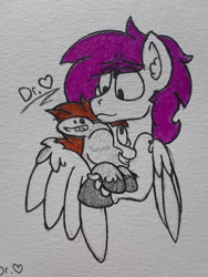 Size: 1932x2576 | Tagged: safe, artist:drheartdoodles, oc, oc only, oc:dr.heart, oc:vince, species:pegasus, species:pony, bust, clydesdale, hug, portrait, size difference, smiling, traditional art, winghug