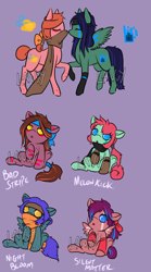 Size: 1000x1800 | Tagged: safe, artist:lavvythejackalope, oc, oc only, oc:dark matter, species:earth pony, species:pegasus, species:pony, :o, baby, baby pony, clothing, earth pony oc, eyes closed, freckles, high, open mouth, pegasus oc, raised hoof, reference sheet, scarf, simple background, sitting, stoned, tattoo, underhoof, wide eyes, wings