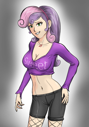Size: 4961x7016 | Tagged: safe, artist:symptom99, character:sweetie belle, species:human, my little pony:equestria girls, belly button, breasts, busty sweetie belle, cleavage, female, fishnets, humanized, jewelry, midriff, necklace, older, older sweetie belle, solo