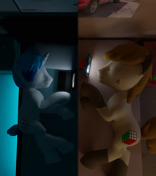 Size: 1600x1800 | Tagged: safe, artist:deloreandudetommy, oc, oc:logic puzzle, oc:supersaw, species:pony, 3d, bed, blender, computer, couple, ford mustang, gay, laptop computer, long distance relationship, male, phone, sleeping, split screen, stallion