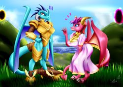 Size: 1600x1133 | Tagged: safe, artist:bludraconoid, character:princess ember, species:dragon, clothing, commission, crossover, dragon armor, dress, ember (spyro), female, grass, portal, sky
