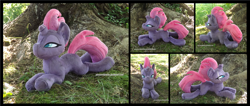 Size: 4133x1754 | Tagged: safe, artist:peruserofpieces, character:tempest shadow, species:pony, species:unicorn, beanie (plushie), female, looking at you, mare, narrowed eyes, photo, plushie, prone, scowl, solo, tree