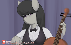 Size: 1278x801 | Tagged: safe, artist:doggomeatball, character:octavia melody, species:anthro, species:earth pony, species:pony, bow tie, cello, clothing, digital art, female, looking at you, musical instrument, solo