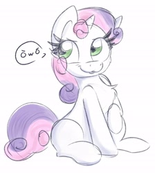 Size: 2748x3070 | Tagged: safe, artist:littleblackraencloud, character:sweetie belle, species:pony, species:unicorn, :3, blank flank, cheek fluff, chest fluff, cute, dialogue, diasweetes, female, filly, high res, owo, pictogram, simple background, sitting, solo, speech bubble, white background, òwó