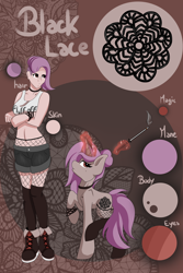 Size: 2000x3000 | Tagged: safe, artist:noxi1_48, oc, oc only, oc:black lace, species:human, species:pony, species:unicorn, beauty mark, belly button, boots, bra, bracelet, breasts, choker, cigarette, cigarette holder, clothing, crop top bra, female, fishnet clothing, fishnets, glowing horn, horn, humanized, humanized oc, jewelry, mare, midriff, raised hoof, raised leg, reference sheet, shoes, shorts, smoking, socks, solo, stockings, thigh highs, underwear