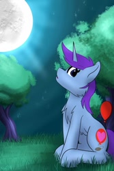 Size: 453x680 | Tagged: safe, artist:noxi1_48, oc, oc only, oc:mobian, species:pony, species:unicorn, balloon, chest fluff, looking at you, male, moon, night, sitting, solo, stallion