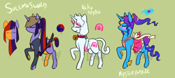 Size: 1800x800 | Tagged: safe, artist:lavvythejackalope, oc, oc only, oc:solemn sword, species:pony, species:unicorn, bell, clothing, collar, conical hat, dress, ethereal mane, eyes closed, female, galaxy mane, hat, horn, horn impalement, male, mare, paw prints, raised hoof, reference sheet, simple background, skirt, smiling, stallion, unicorn oc