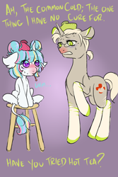 Size: 1000x1500 | Tagged: safe, artist:lavvythejackalope, oc, oc only, oc:dr. malady, oc:lore, species:pony, species:unicorn, duo, female, filly, glasses, horn, leonine tail, male, mouth hold, red nosed, sick, sitting, speech, stallion, stool, sweat, thermometer, unicorn oc