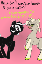 Size: 1000x1500 | Tagged: safe, artist:lavvythejackalope, oc, oc only, oc:dr. malady, oc:noir moonstep, species:pony, dialogue, duo, glasses, grin, male, nervous, raised hoof, red nosed, sick, simple background, smiling, stallion, sweat