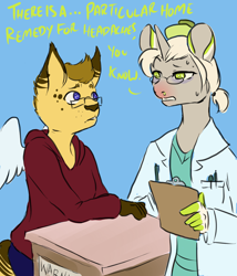 Size: 1200x1400 | Tagged: safe, artist:lavvythejackalope, oc, oc only, oc:dr. malady, oc:kitty, species:anthro, species:pony, species:unicorn, cat, clipboard, clothing, doctor, duo, furry, glasses, horn, lab coat, pen, red nosed, speech, unicorn oc