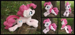 Size: 3720x1754 | Tagged: safe, artist:peruserofpieces, character:pinkie pie, species:earth pony, species:pony, beanie (plushie), female, looking at you, mare, photo, plushie, prone, smiling, tree