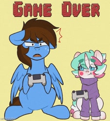 Size: 1322x1463 | Tagged: safe, artist:cottonsweets, oc, oc:pegasusgamer, species:pegasus, species:pony, species:unicorn, clothing, controller, happy, horn, shocked, sitting, sweater, video game, wings