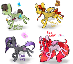 Size: 1500x1300 | Tagged: safe, artist:lavvythejackalope, oc, oc only, oc:dark fire, oc:rose water, oc:treasure trove, species:alicorn, species:earth pony, species:pegasus, species:pony, species:unicorn, alicorn oc, braid, braided tail, chest, cutie mark, earth pony oc, eyepatch, horn, jewelry, necklace, pegasus oc, running, simple background, skull, unicorn oc, white background, wings