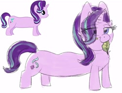 Size: 2836x2160 | Tagged: safe, artist:littleblackraencloud, character:starlight glimmer, species:pony, species:unicorn, eye clipping through hair, female, herbivore, horses doing horse things, leaf, long glimmer, long pony, meme, simple background, solo, wat, white background