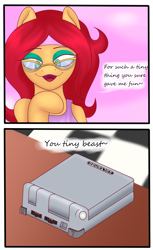 Size: 1816x2977 | Tagged: safe, artist:big brawler, oc, oc only, oc:vivian cereza, species:earth pony, species:pony, apron, bait and switch, clothing, female, gameboy advance, gameboy advance sp, glasses, innuendo, nintendo, solo