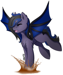 Size: 1123x1344 | Tagged: safe, artist:noxi1_48, oc, oc only, oc:kuro, species:alicorn, species:bat pony, species:pony, alicorn oc, bat pony oc, bat wings, broken horn, happy, horn, jumping, mud, simple background, solo, transparent background, wings