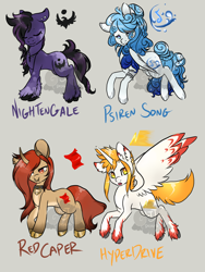 Size: 1500x2000 | Tagged: safe, artist:lavvythejackalope, oc, oc only, oc:hyper drive, oc:nightengale, oc:siren song, species:alicorn, species:earth pony, species:pegasus, species:pony, species:unicorn, :o, alicorn oc, armband, collar, curved horn, earth pony oc, ethereal mane, eyes closed, galaxy mane, gray background, hoof polish, horn, jewelry, necklace, nose piercing, nose ring, open mouth, pegasus oc, piercing, simple background, smiling, unicorn oc, unshorn fetlocks, wings