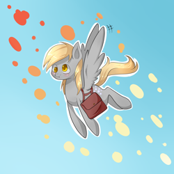 Size: 2000x2000 | Tagged: safe, artist:tomat-in-cup, character:derpy hooves, species:pegasus, species:pony, bag, cloud, female, flying, mare, saddle bag, solo