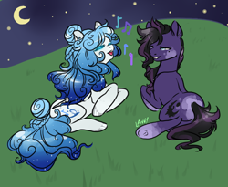 Size: 1100x900 | Tagged: safe, artist:lavvythejackalope, oc, oc only, oc:nightengale, oc:siren song, species:earth pony, species:pony, crescent moon, duo, earth pony oc, ethereal mane, eyes closed, female, galaxy mane, hoof polish, male, mare, moon, music notes, night, open mouth, prone, singing, smiling, socks (coat marking), stallion, stars, underhoof