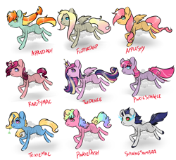 Size: 2300x2100 | Tagged: safe, artist:lavvythejackalope, base used, oc, oc only, parent:applejack, parent:big macintosh, parent:fluttershy, parent:king sombra, parent:pinkie pie, parent:princess cadance, parent:rainbow dash, parent:rarity, parent:shining armor, parent:trixie, parent:twilight sparkle, parents:appledash, parents:appleshy, parents:derpyshy, parents:pinkiedash, parents:rarimac, parents:shiningsombra, parents:trixmac, parents:twidance, parents:twinkie, species:alicorn, species:earth pony, species:pegasus, species:pony, species:unicorn, alicorn oc, colored hooves, crown, earth pony oc, eye clipping through hair, horn, jewelry, magical gay spawn, magical lesbian spawn, multicolored hair, offspring, pegasus oc, rainbow hair, regalia, running, simple background, smiling, sombra eyes, straw in mouth, unicorn oc, white background, wings