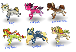 Size: 2300x1600 | Tagged: safe, artist:lavvythejackalope, base used, oc, oc only, oc:chocolate kisses, oc:crisp apple, oc:fancy, oc:martini, oc:stardust, oc:think pink, species:earth pony, species:pegasus, species:pony, braid, braided tail, candy, clothing, colored hooves, earth pony oc, food, hair over one eye, hat, hoof polish, licking, licking lips, lollipop, pegasus oc, simple background, smiling, text, tongue out, top hat, white background, wings