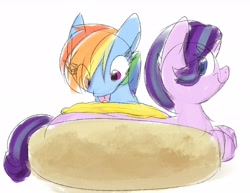 Size: 2434x1882 | Tagged: safe, artist:littleblackraencloud, character:rainbow dash, character:starlight glimmer, species:pegasus, species:pony, species:unicorn, crossing the memes, food, horse meat, hot dog, licking, long glimmer, long pony, meat, meme, mustard, rainbow mustard, sauce, sausage, smiling, that pony sure does love mustard, tongue out