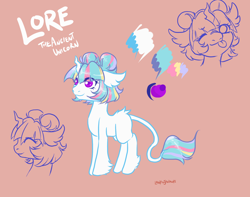 Size: 1900x1500 | Tagged: safe, artist:lavvythejackalope, oc, oc only, oc:lore, species:pony, species:unicorn, bust, female, hoof fluff, horn, leonine tail, lineart, mare, one eye closed, reference sheet, smiling, tongue out, unicorn oc, wink