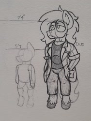 Size: 2101x2801 | Tagged: safe, artist:drheartdoodles, oc, oc only, oc:dr.heart, species:anthro, species:pony, species:unguligrade anthro, clothing, clydesdale, hands in pockets, male, monochrome, size difference, solo, stallion, traditional art
