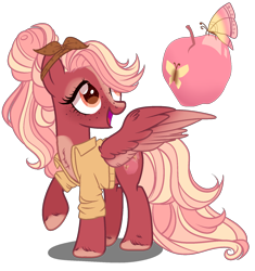 Size: 1600x1700 | Tagged: safe, artist:gihhbloonde, base used, oc, oc only, parent:big macintosh, parent:fluttershy, parents:fluttermac, species:pegasus, species:pony, blaze (coat marking), clothing, cutie mark, eyelashes, female, hair over one eye, hair tie, looking up, mare, offspring, open mouth, ponytail, raised hoof, shirt, simple background, smiling, solo, spread wings, transparent background, unshorn fetlocks, wings