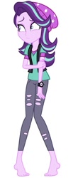 Size: 354x857 | Tagged: safe, artist:aqua-pony, editor:thomasfan45, character:starlight glimmer, species:human, equestria girls:mirror magic, g4, my little pony: equestria girls, my little pony:equestria girls, spoiler:eqg specials, barefoot, beanie, clothing, cute, feet, female, hat, legs, nervous, pants, rubbing arm, shirt, simple background, solo, vector, vest, watch, white background