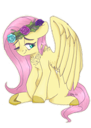 Size: 500x700 | Tagged: safe, artist:laps-sp, character:fluttershy, species:pony, chest fluff, colored hooves, female, floral head wreath, flower, simple background, sitting, solo, transparent background