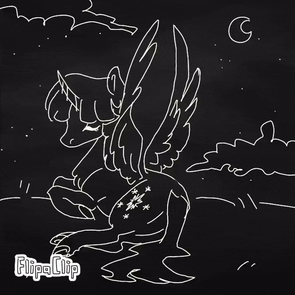 Size: 600x600 | Tagged: safe, artist:laps-sp, character:twilight sparkle, character:twilight sparkle (alicorn), species:alicorn, species:pony, animated, cute, female, flipaclip, frame by frame, lying down, monochrome, moon, night, night sky, sky, solo, squigglevision, stars, twiabetes