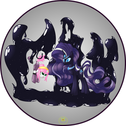 Size: 1280x1280 | Tagged: safe, artist:lakword, character:nightmare rarity, character:rarity, oc, oc:léa, goo, hanging, latex, pair, shiny, size difference, standing