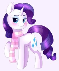 Size: 1410x1700 | Tagged: safe, artist:adostume, character:rarity, species:pony, species:unicorn, blushing, clothing, cute, female, looking at you, mare, raribetes, redraw, scarf, simple background, solo, white background