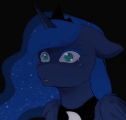 Size: 1080x1026 | Tagged: safe, artist:adostume, character:princess luna, species:alicorn, species:pony, black background, bust, crying, ethereal mane, female, galaxy mane, jewelry, mare, peytral, simple background, solo, tiara