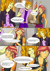 Size: 751x1063 | Tagged: safe, artist:symptom99, character:adagio dazzle, character:sunset shimmer, comic:sunset's dilemma with adagio, my little pony:equestria girls, against wall, allegro amoroso, bedroom eyes, blushing, chair, clothing, comic, commission, conversation, curtains, dialogue, ear piercing, earring, explicit series, female, flirting, implications, implied flash sentry, implied flashimmer, implied shipping, implied straight, jewelry, lidded eyes, looking at each other, male, nervous, open mouth, painting, piercing, room, rule 63, seductive look, smiling, smirk, speech bubble, sunllegro, talking, teeth, touch, up against the wall