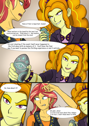 Size: 4961x7016 | Tagged: safe, artist:symptom99, character:adagio dazzle, character:sunset shimmer, comic:sunset's dilemma with adagio, g4, my little pony: equestria girls, my little pony:equestria girls, bedroom eyes, comic, commission, confused, contemplating, conversation, dialogue, explicit series, female, grin, implications, implied infidelity, lidded eyes, looking at each other, looking away, magical artifact, memory stone, music festival outfit, narrowed eyes, open mouth, propositioning, shoes, smiling, smirk, speech bubble, talking, teeth, thinking, unsure