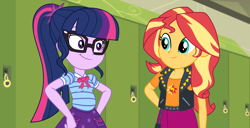 Size: 1366x698 | Tagged: safe, artist:neongothic, character:sunset shimmer, character:twilight sparkle, character:twilight sparkle (scitwi), species:eqg human, my little pony:equestria girls, canterlot high, chubby, chubby sci-twi, chubby twilight, hallway, lockers, plump, stuffed, stuffed belly