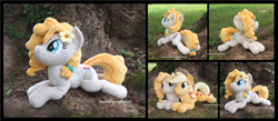 Size: 4028x1754 | Tagged: safe, artist:peruserofpieces, character:pear butter, species:earth pony, species:pony, beanie, clothing, female, flower, flower in hair, hat, irl, mare, mother and child, mother and daughter, photo, plushie, prone, smiling, solo, tree