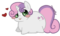 Size: 2000x1200 | Tagged: safe, artist:cloureed, character:sweetie belle, species:pony, species:unicorn, alternate cutie mark, blep, blush sticker, blushing, chonk, chubbie belle, chubby, cute, diasweetes, female, floating heart, heart, meme, simple background, solo, tongue out, transparent background