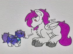Size: 2659x1969 | Tagged: safe, artist:drheartdoodles, oc, oc:dr.heart, oc:infinatus, species:pegasus, species:pony, .3., blep, chest fluff, clothing, clydesdale, coloring, scarf, size difference, tongue out, traditional art, •3•